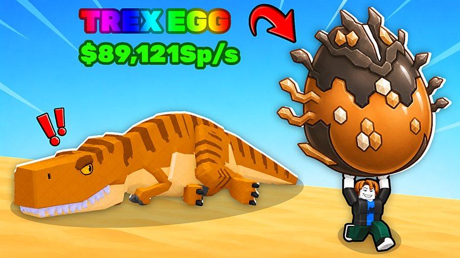 A player carrying a large brown spiked T-Rex Egg away from a sleeping T-Rex in the Prehistoric desert